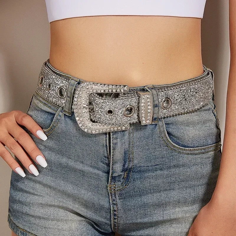 Punk Rhinestone Belt  3.8cm  Sequin Designer Belts Pu