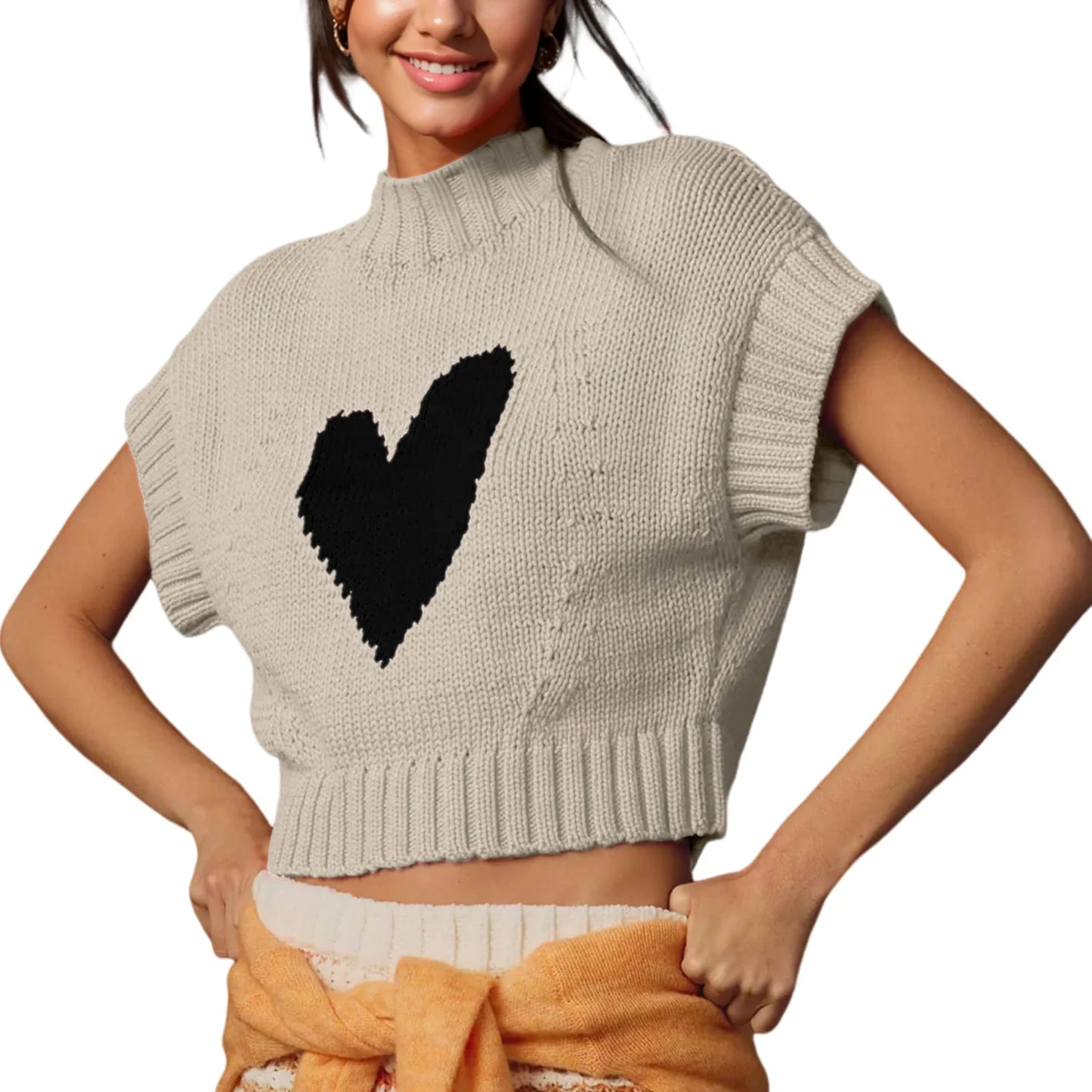 Women s Sleeveless Sweater Vest Heart Patterned O-Neck Knit Top Chic Street Style for Work or Weekend Outings