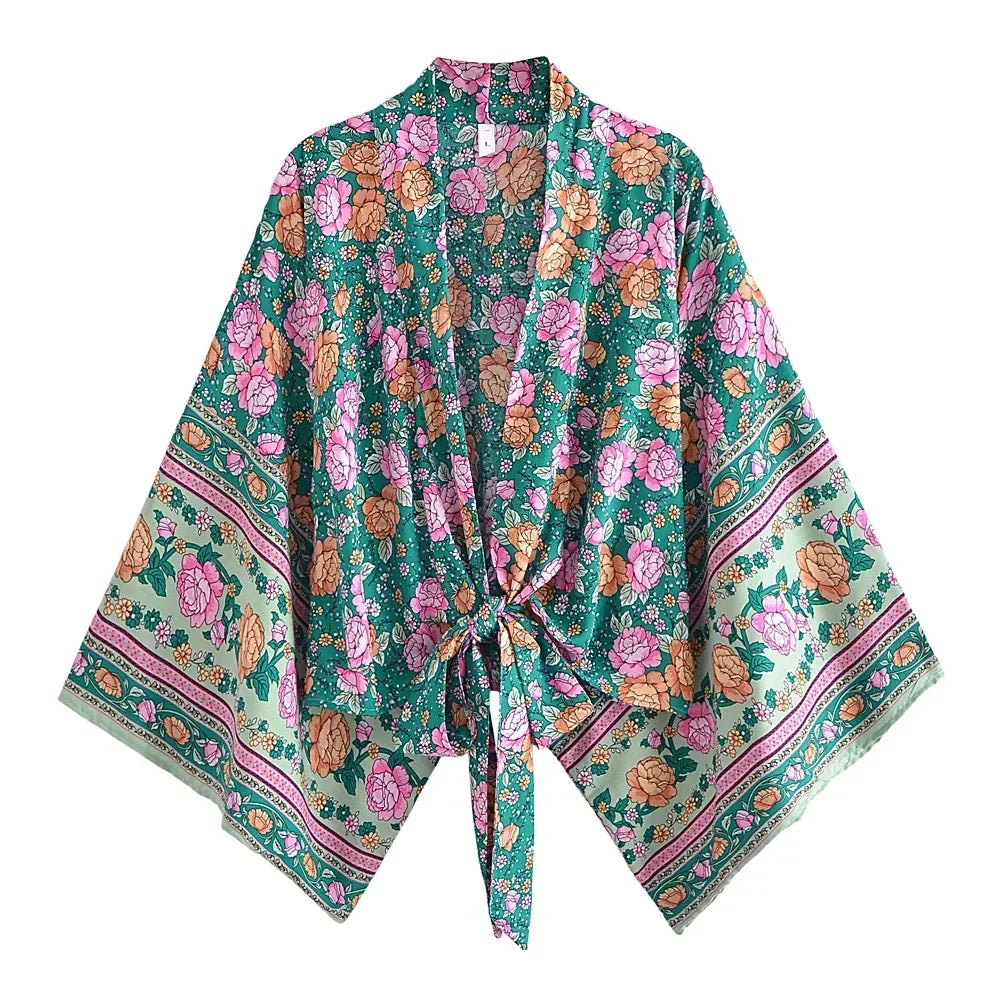 Hippie Queens Floral Print Sashes Short  Kimono Women Fashion V Neck Batwing Sleeves Lady Boho Bikini Cover-ups