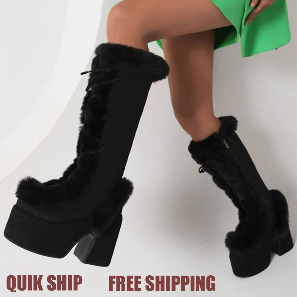 Mid Calf Furry Winter Snow Boots Flock Faux Fur Platform Chunky High Heel Fleece Side Zipper