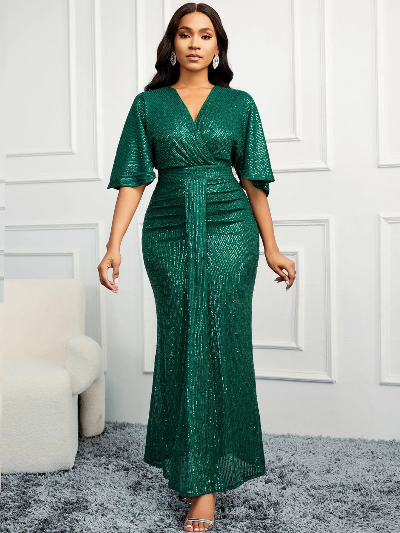 Sequin Dress V-Neck Ruffles Short Sleeves Vintage