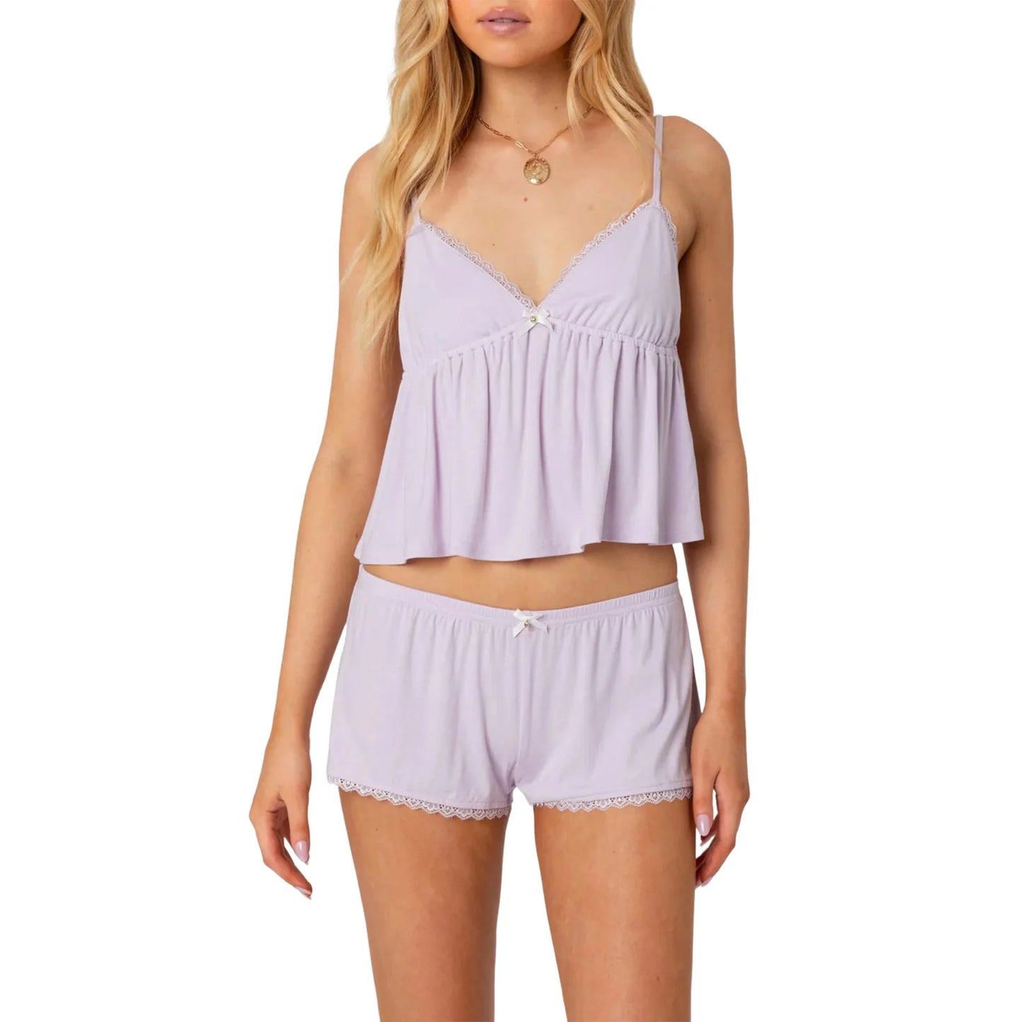 Women s Sleeveless V Neck Pajama Set with Lace Trim Shorts Summer Lounge Wear Cami Tops Sleepwear Set