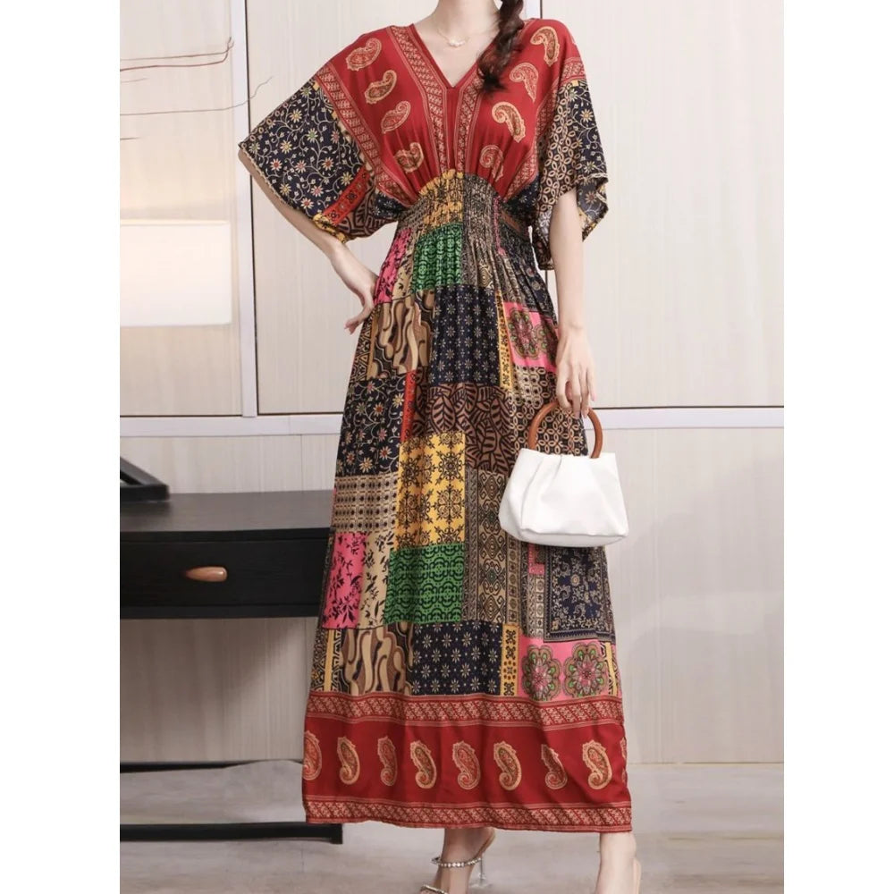 Colorful Flower V-neck Elastic Youthful Bohemian Sweet Midi Dress Woman Clothes Chic Fashion Summer Dresses