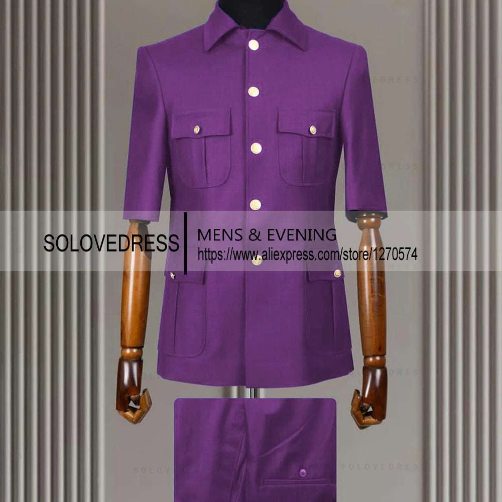 2 Piece Lapel  Short Sleeves with 4 Real Pockets Single Breasted Slim Fit Summer Suits