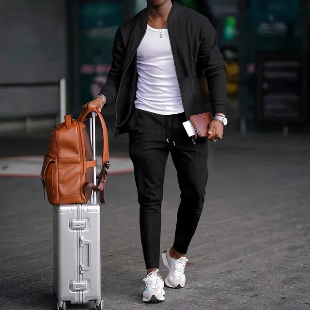 Spring men's casual blazer set new fashion Waffle baseball suit round neck pocket zipper long sleeve trousers two-piece set