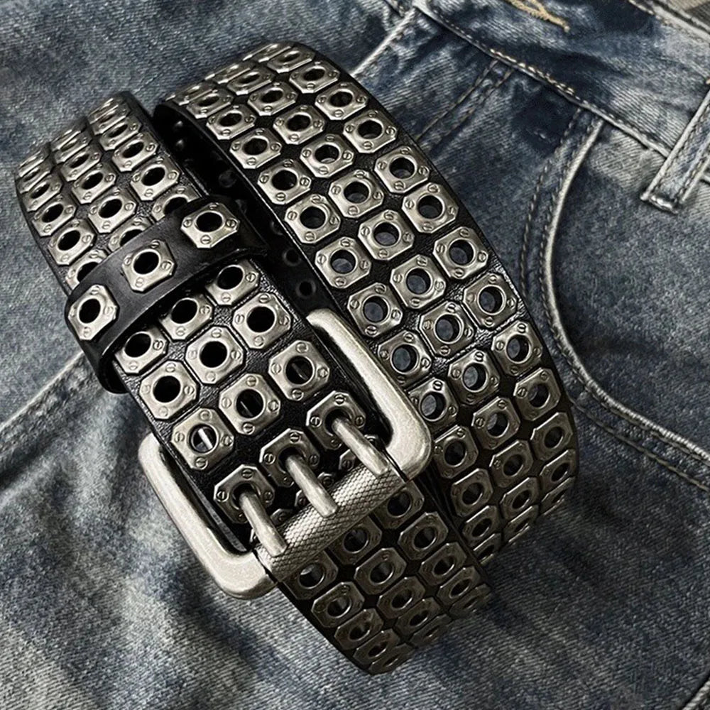 3.8cm Width PU Leather Belt With Metal Rivet Design 3 Pin Buckles Waistband Goth Belt