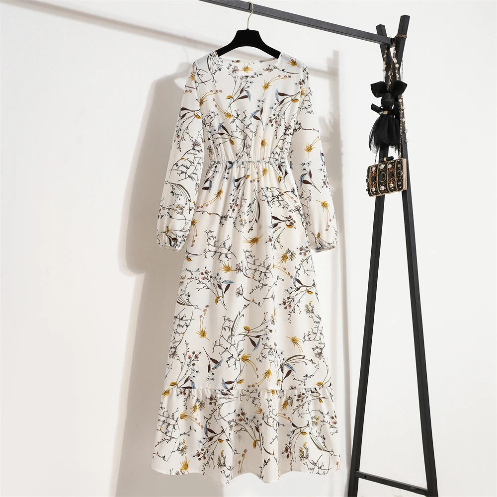 Spring Summer Women Maxi Dresses Casual Full Sleeve Floral Printed O-neck Woman Boho Beach Party Long Dress