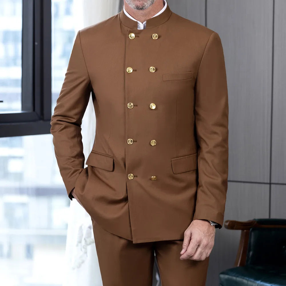 2 Piece Stand Collar Double-Breasted Chinese Style  Men's Suits With 3 Real Pocket Wedding SuitsTailored Fit (Blazer+Pants)