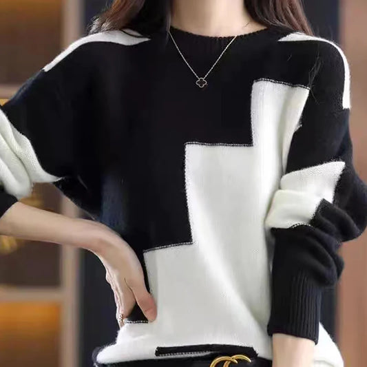 Women Patchwork Knit Warm Sweater Cashmere Long Sleeve Thermal Pullovers O-Neck Casual Loose Sweater Women Autumn Winter