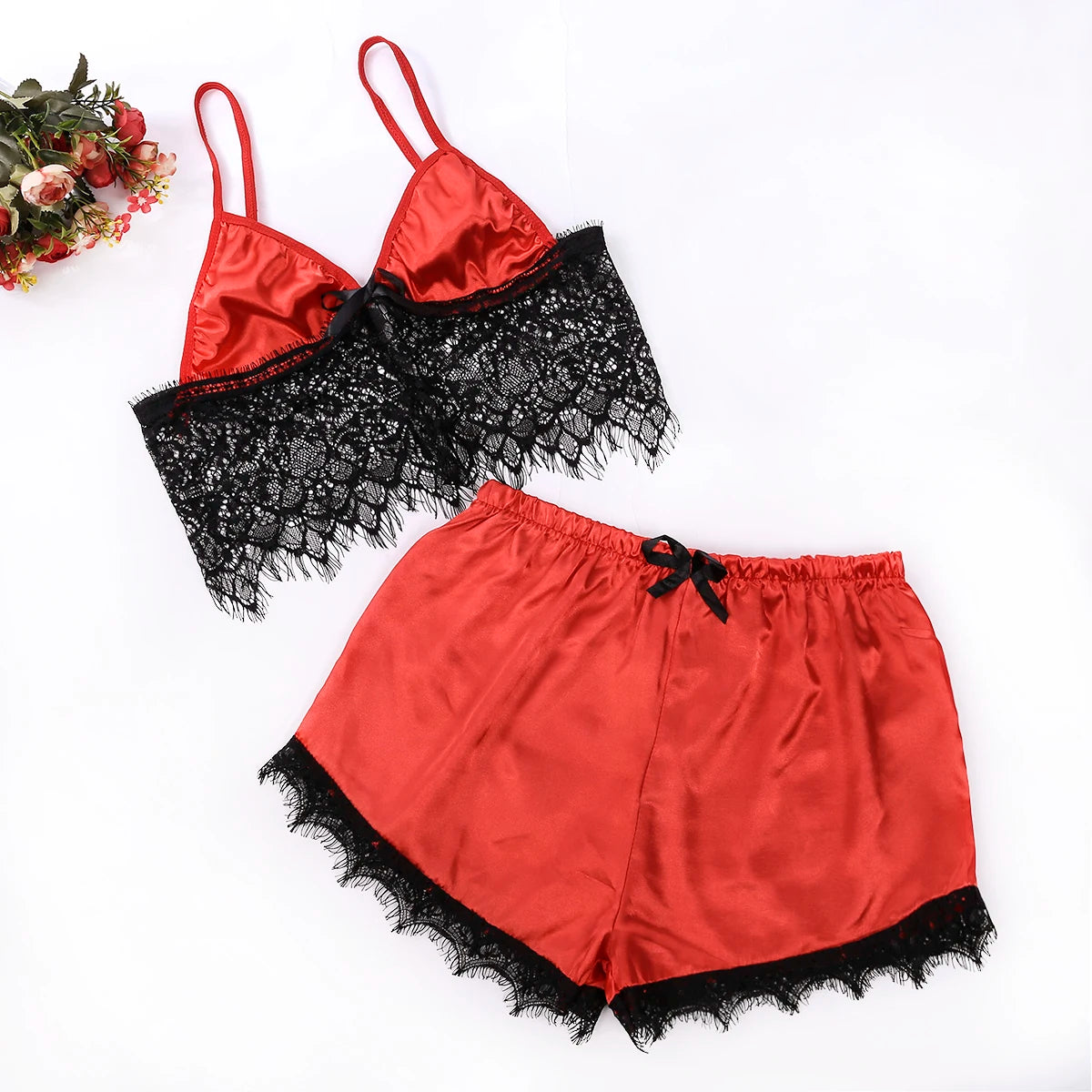 2-Piece Lingerie Set Sheer Lace Halter Top with Matching Lace Trim Shorts Sensual Nightwear for Summer