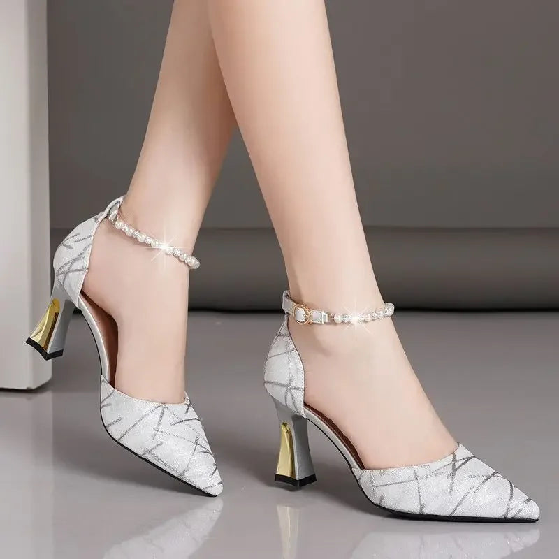 Beads Pumps Pointed Tip Women's High Heels Luxury Women's Shoes Woman