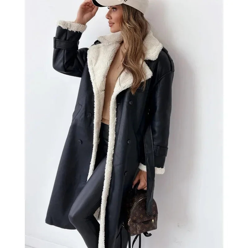 Faux Fur Thick Warm Jacket Ladies Long Sleeved Lapel Collar Elegant Soft Coat