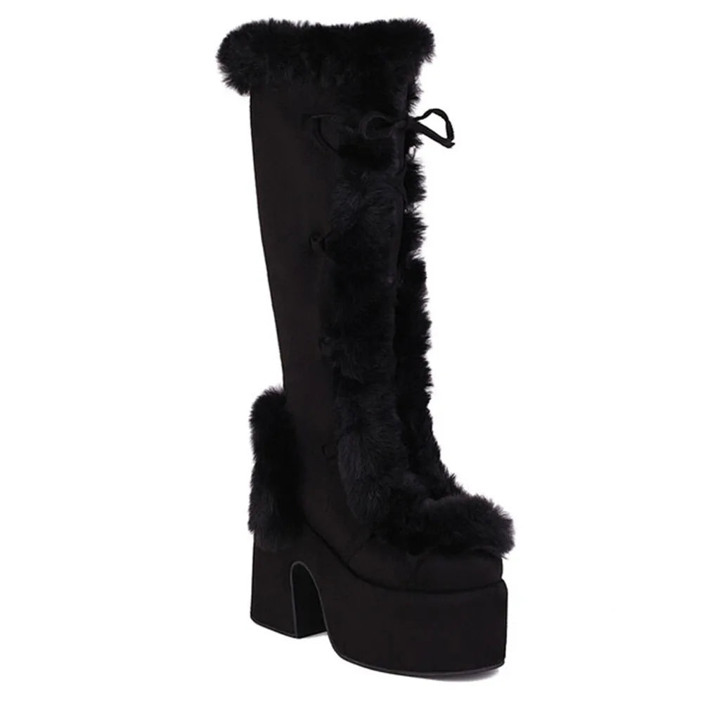 Mid Calf Furry Winter Snow Boots Flock Faux Fur Platform Chunky High Heel Fleece Side Zipper