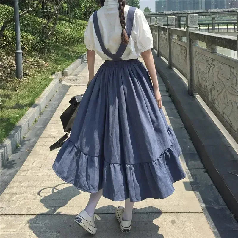 Preppy Style Strap Long Skirt Ruffles Loose