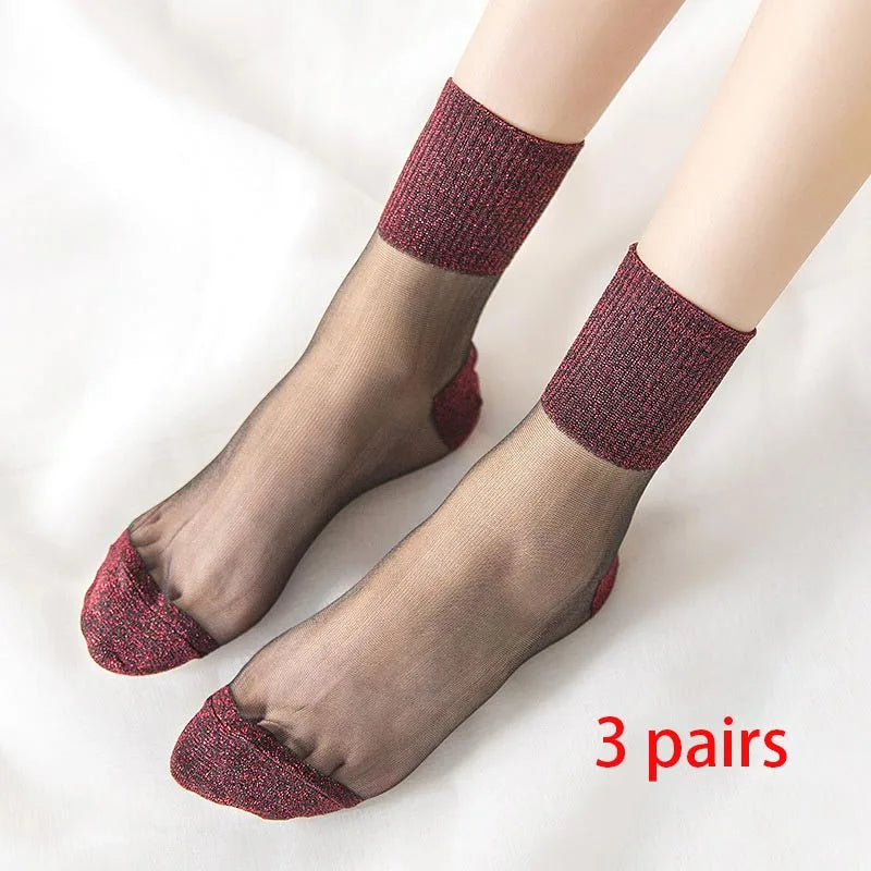 3 Pairs Spring Summer Women's Ultrathin Transparent Socks Glitter Crystal Glass Silk Socks Soft Lace Shiny Elastic Short Socks