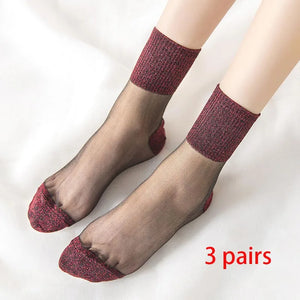3 Pairs Spring Summer Women's Ultrathin Transparent Socks Glitter Crystal Glass Silk Socks Soft Lace Shiny Elastic Short Socks