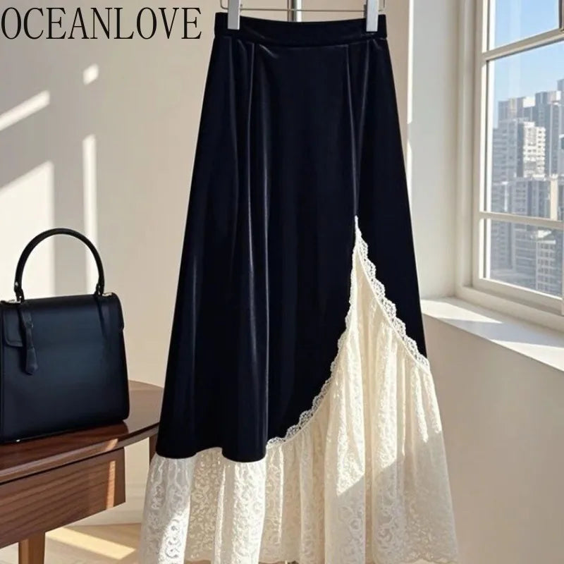 Lace Velvet  A-line Retro Long Skirt