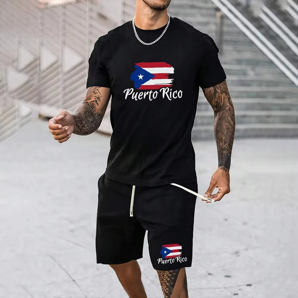 North American Fashion Men's Casual Suit with Print Pattern Short Sleeves and Shorts Sporty Breathable and Comfortable Clothing