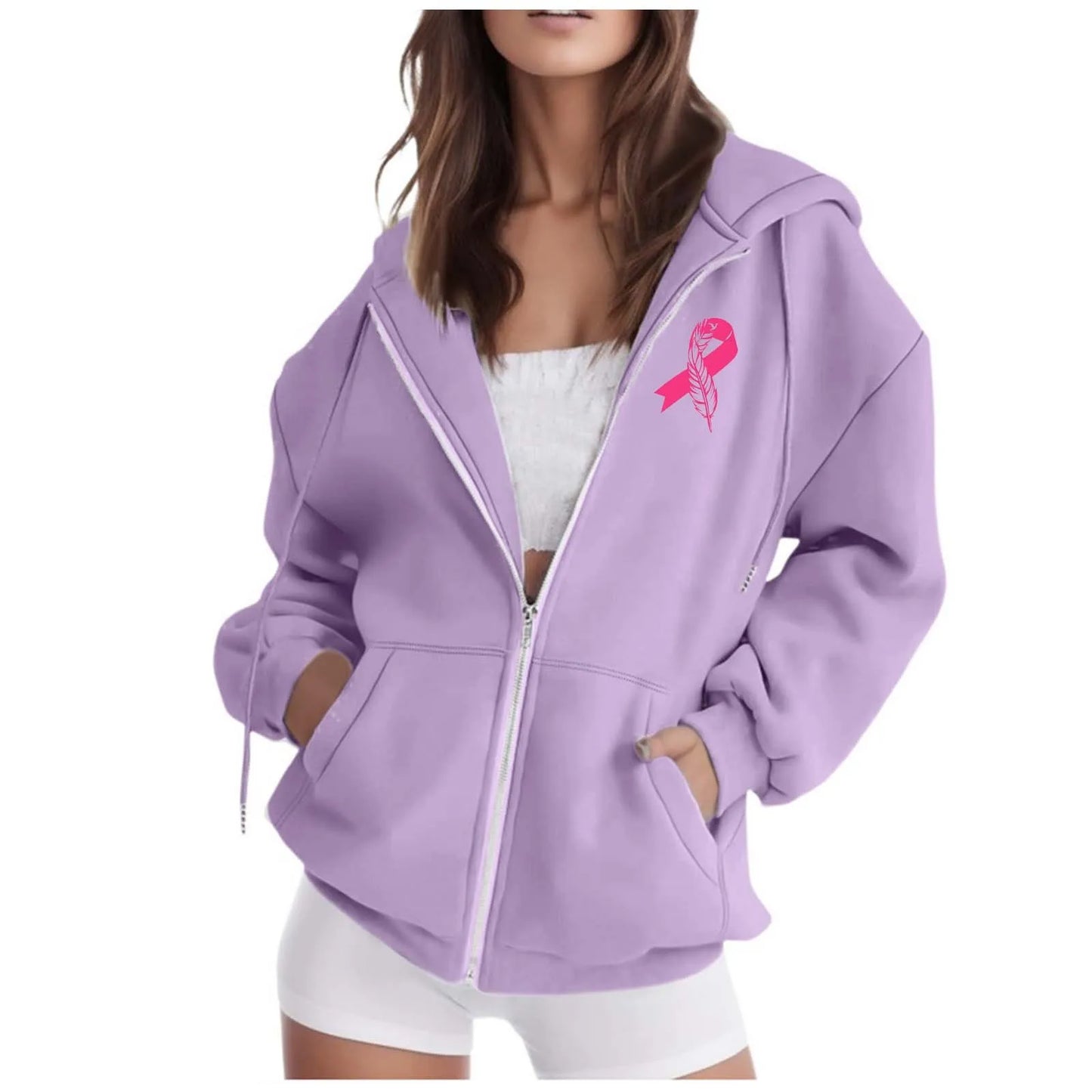 Women's Pink October Hoodies Breast Cancer Awareness Ribbon Feather Print Zipper Sweatshirts Long Sleeve Women Hoodies