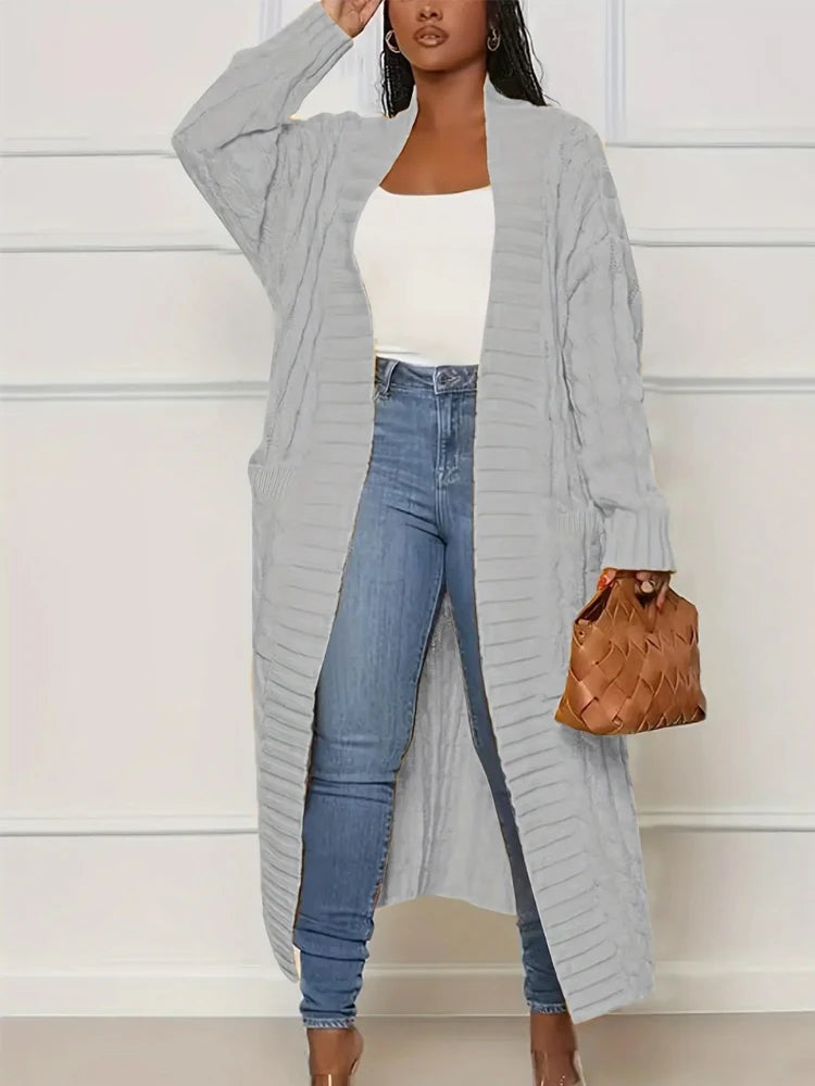 Autumn and Winter Fashion Women's Long Cardigan Sleeve Pocket Solid Colour Relaxed Sweater Acrylic Material