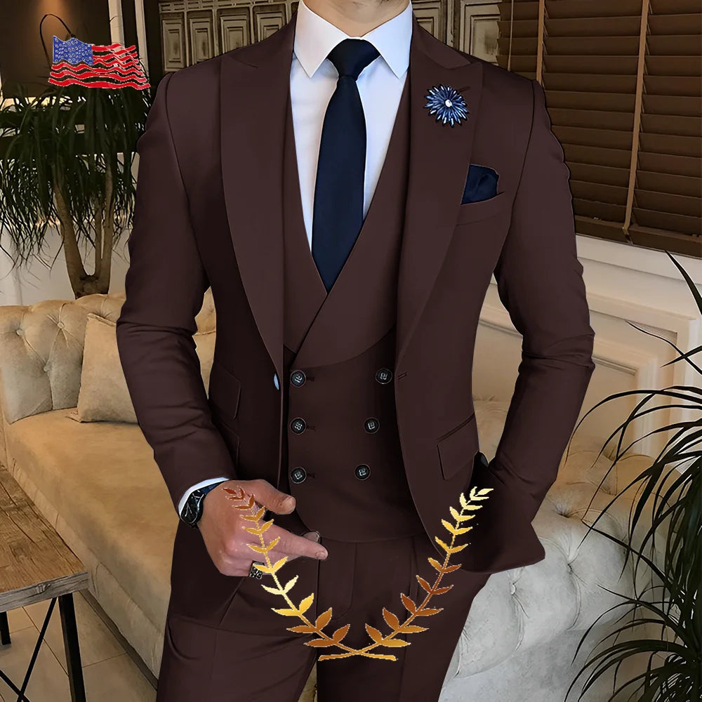 Men's Suit Jacket Pants Vest 3-piece Set Slim Fit Handsome Men Blazer for Party