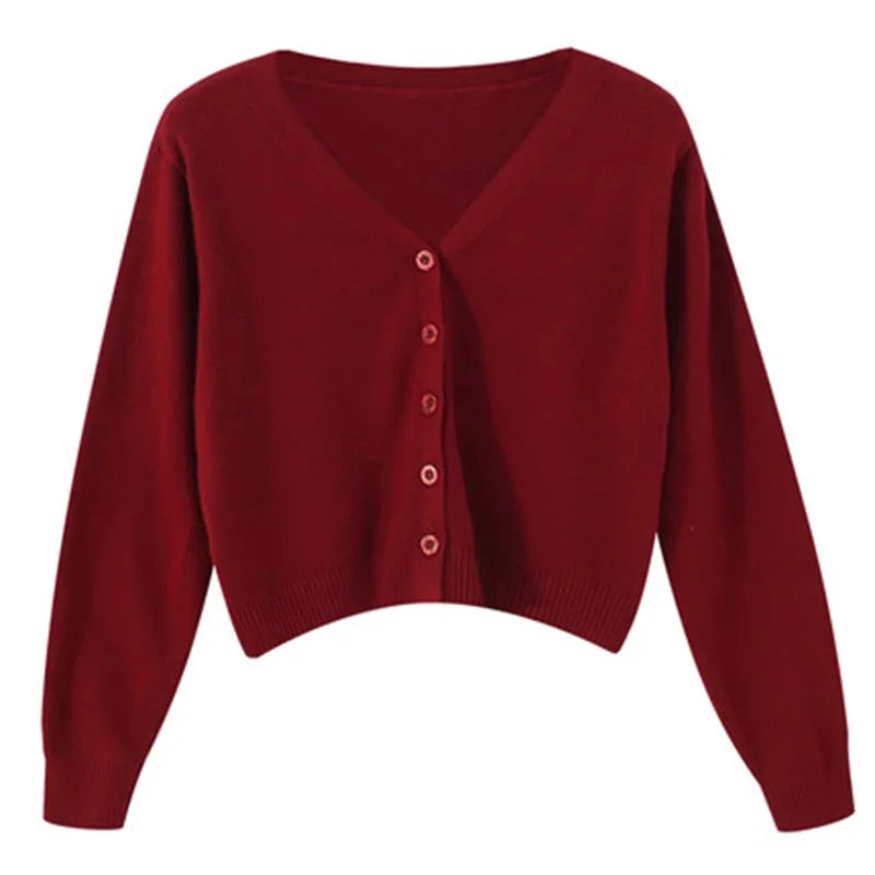 Women's Long Sleeve Cropped Cardigan V Neck Button Down Knit Single-breasted Cardigan Sweaters
