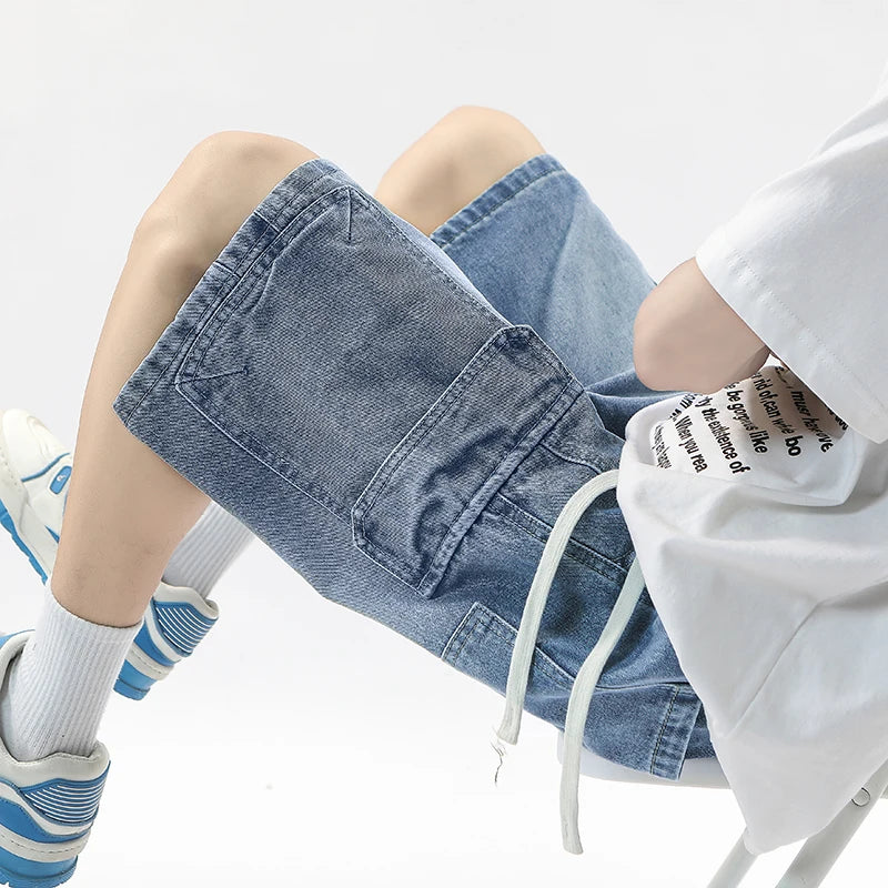 Summer Workwear Denim Shorts Street  Loose Straight Shorts Stretch Waist Casual Jogging Outdoor Five-Cubic Pants