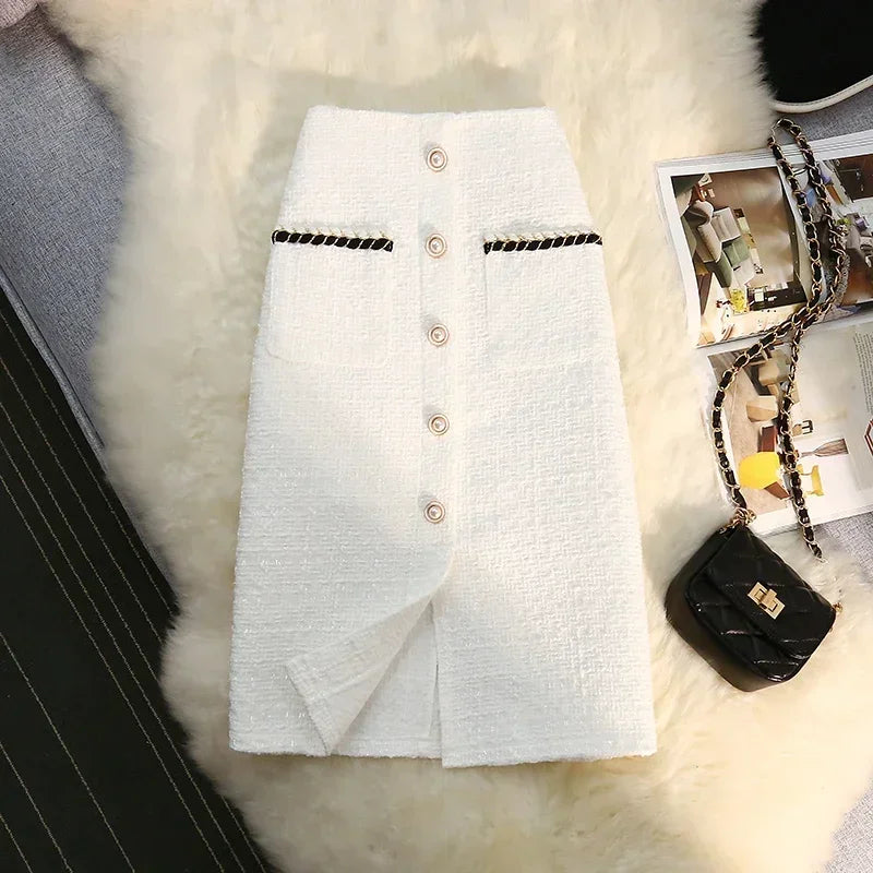 Tweed Long  Vintage High Waist A-line Wrap Skirt