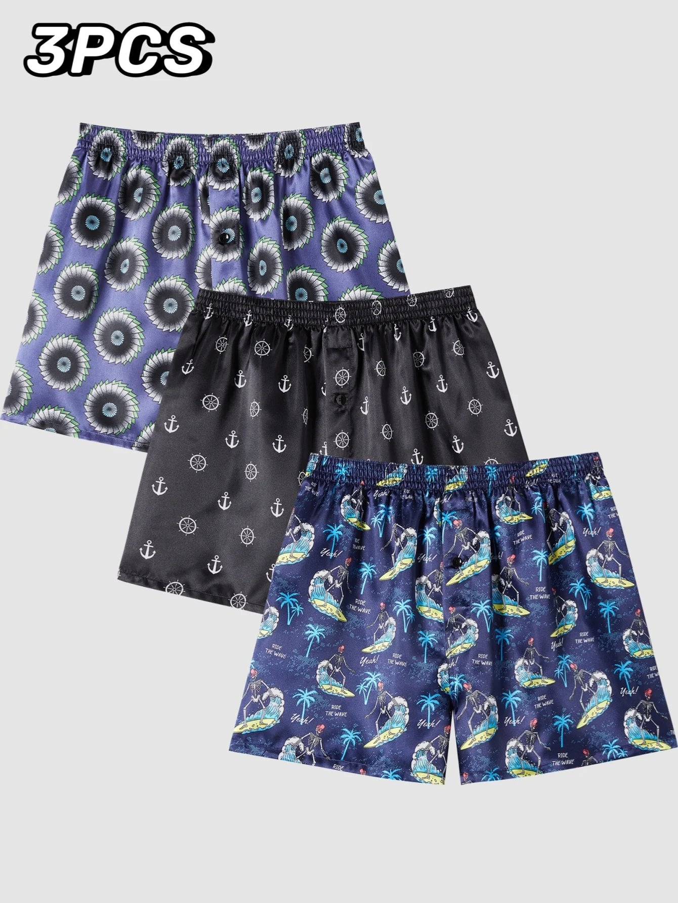 JupiterSecret 3pcs Men's Underwear Satin Casual Boxer Shorts Silk Feeling Sleep Shorts with Elastic Waistband and Button