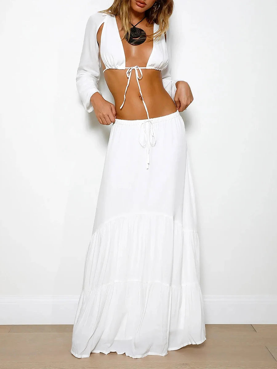 Women Skirt Set Long Sleeve Tie-up Crop Top with Low Waist Long Skirt