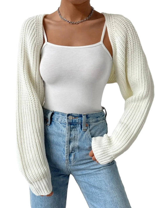Women s Open Front Cropped Cardigan Long Sleeve Solid Color Ribbed Knit Shrug Sweater