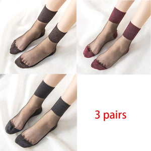 3 Pairs Spring Summer Women's Ultrathin Transparent Socks Glitter Crystal Glass Silk Socks Soft Lace Shiny Elastic Short Socks