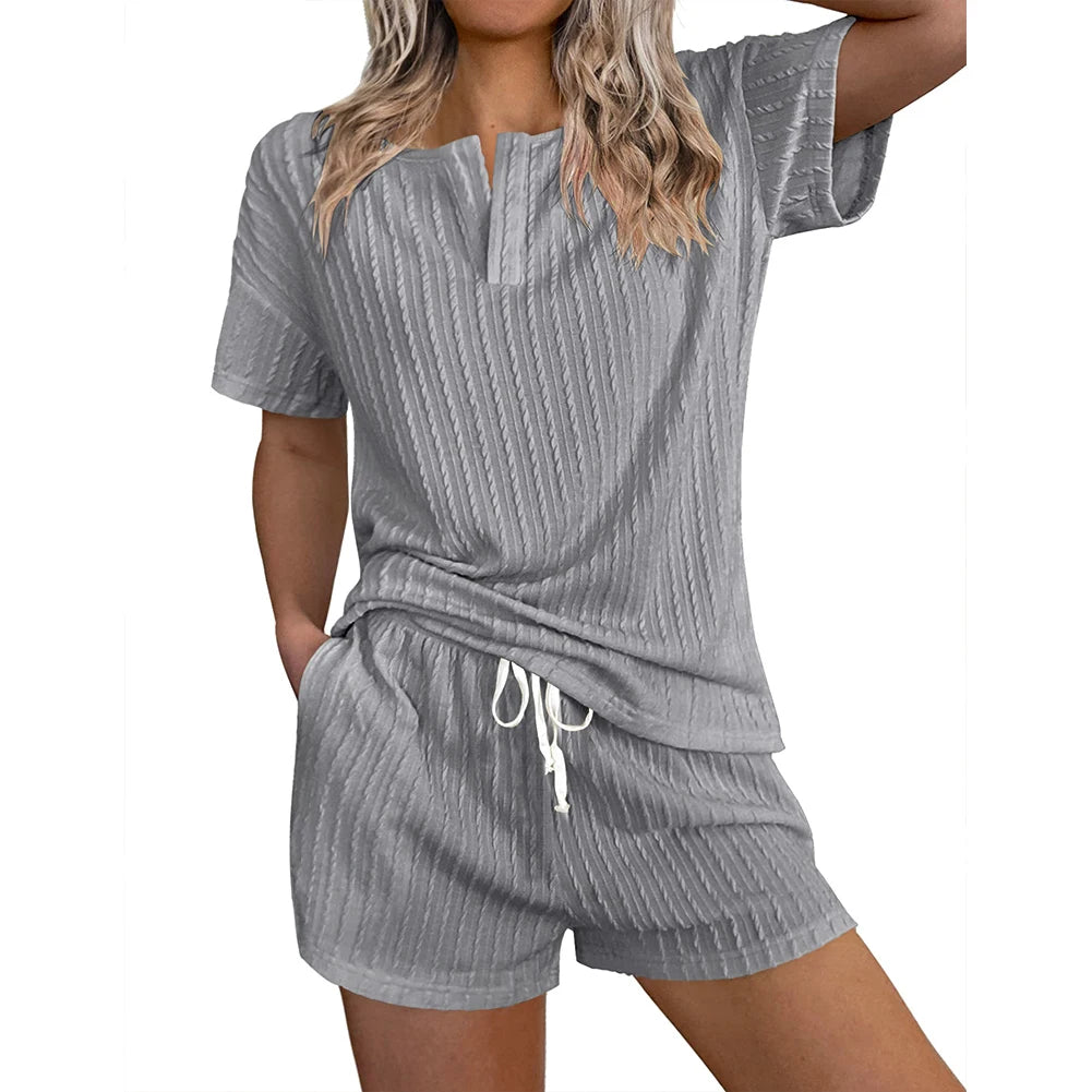 Women 2 Piece Lounge Sets Casual Style V Neck 2 Piece Pajamas Sets Solid Color Ribbed Knit Tops Shorts