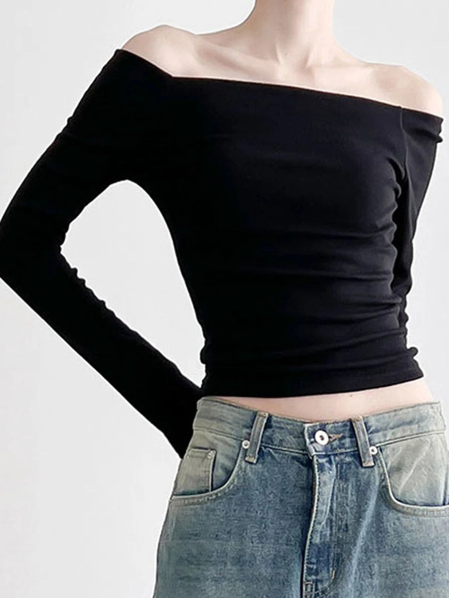 Women Solid Color Short T-Shirt Boat Neck Long Sleeve Off Shoulder Shirts Spring Fall  Fit Tops Streetwear