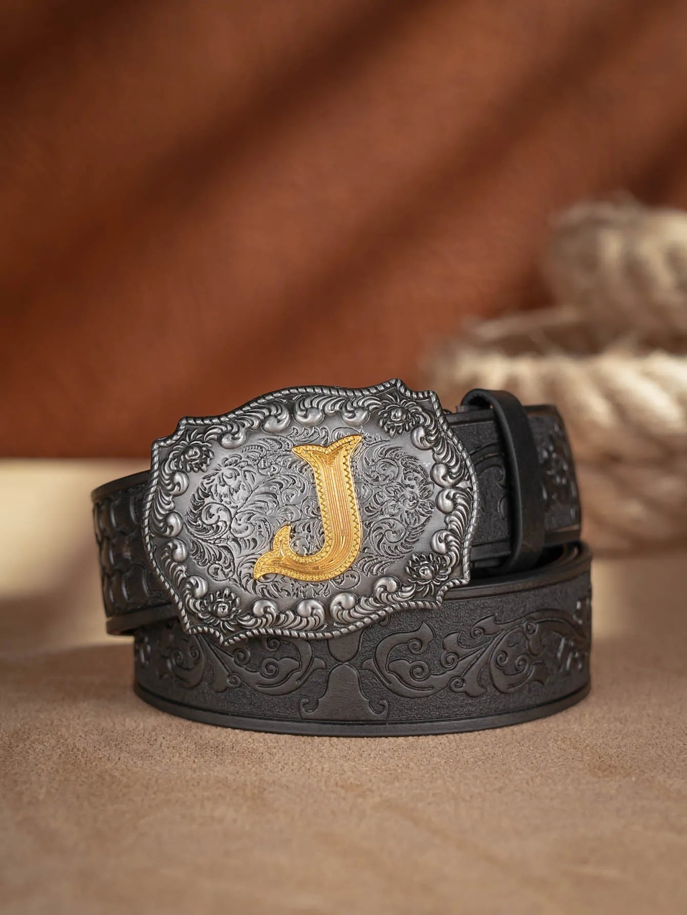 Western Cowboy PU Leather Belt  Waist Strap Bull Decoration Floral Engraved for Jeans