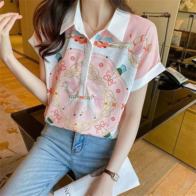 Casual Printed Polo-Neck Chiffon Blouse  Short Sleeve