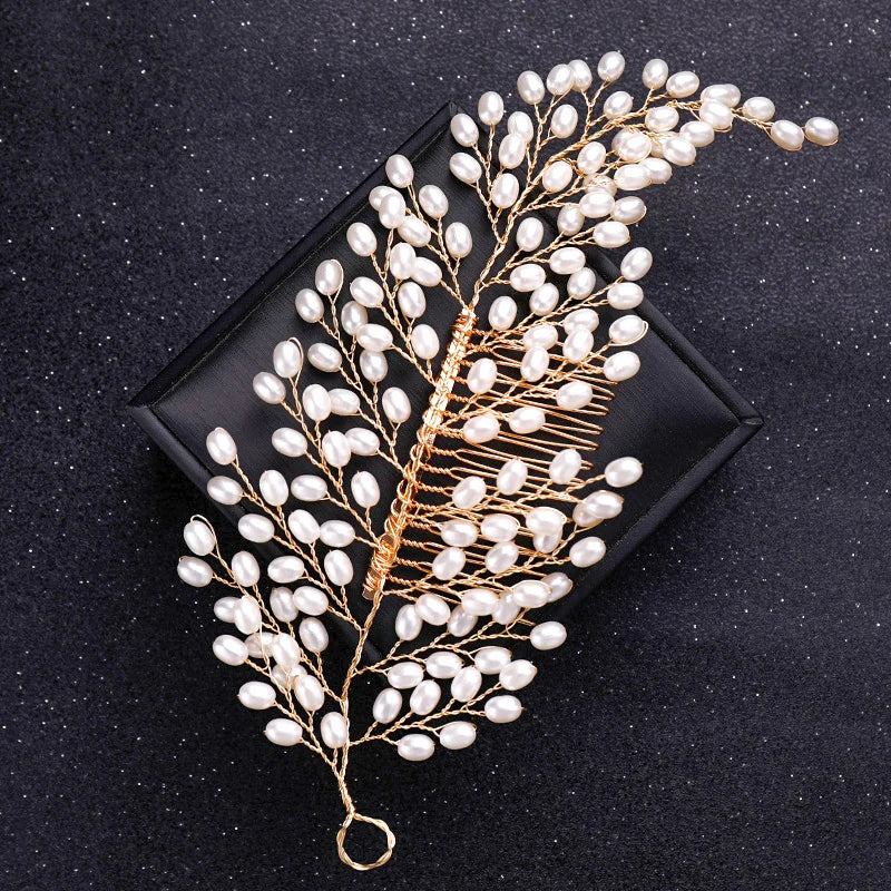 Gold Color Crystal Pearl Hair Comb Headband For Women Bride Party Bridal Wedding Hair Accessories Jewelry Comb Headband