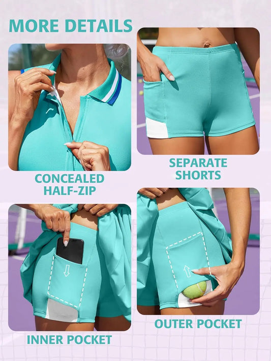 Anfilia Women Tennis Dress Polo Half Zipper Pleated with Built in Bra Separate Shorts with Pockets Golf Dress
