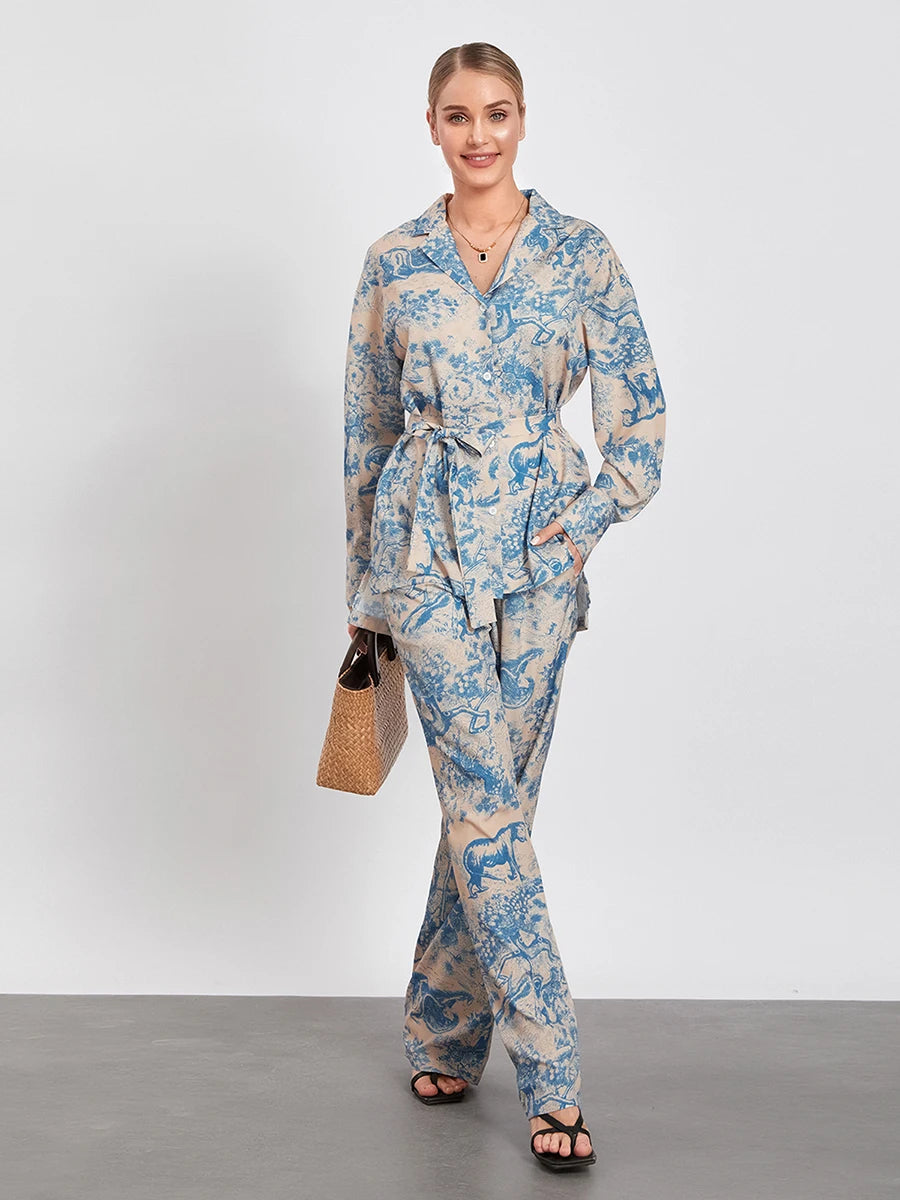 Women Pants Suit Long Sleeve Shirt with Wide Leg Pants and Belt Office Outfit Loungewear