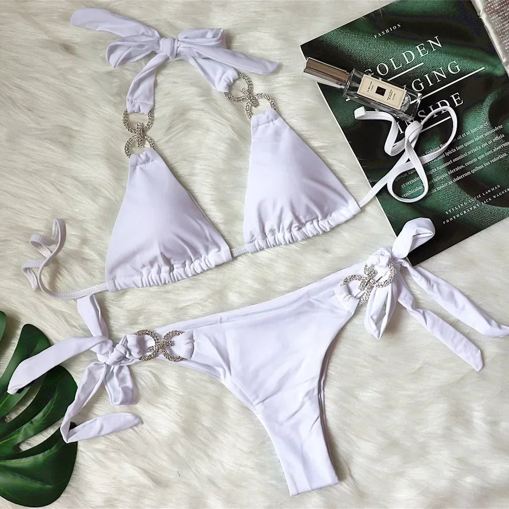 Luxury Rhinestones Bikini Women Solid Color Bandage Cross Diamond Thong Beach Bathing Suit