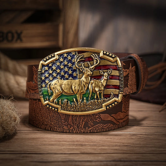 Western Cowboy PU Leather Belt  Waist Strap Buck and Flag Decoration Hunting Scene Engraved for Jeans