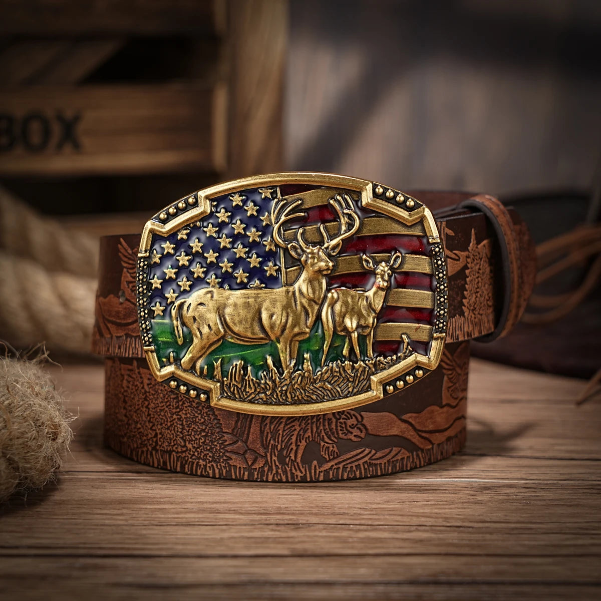 Western Cowboy PU Leather Belt  Waist Strap Buck and Flag Decoration Hunting Scene Engraved for Jeans
