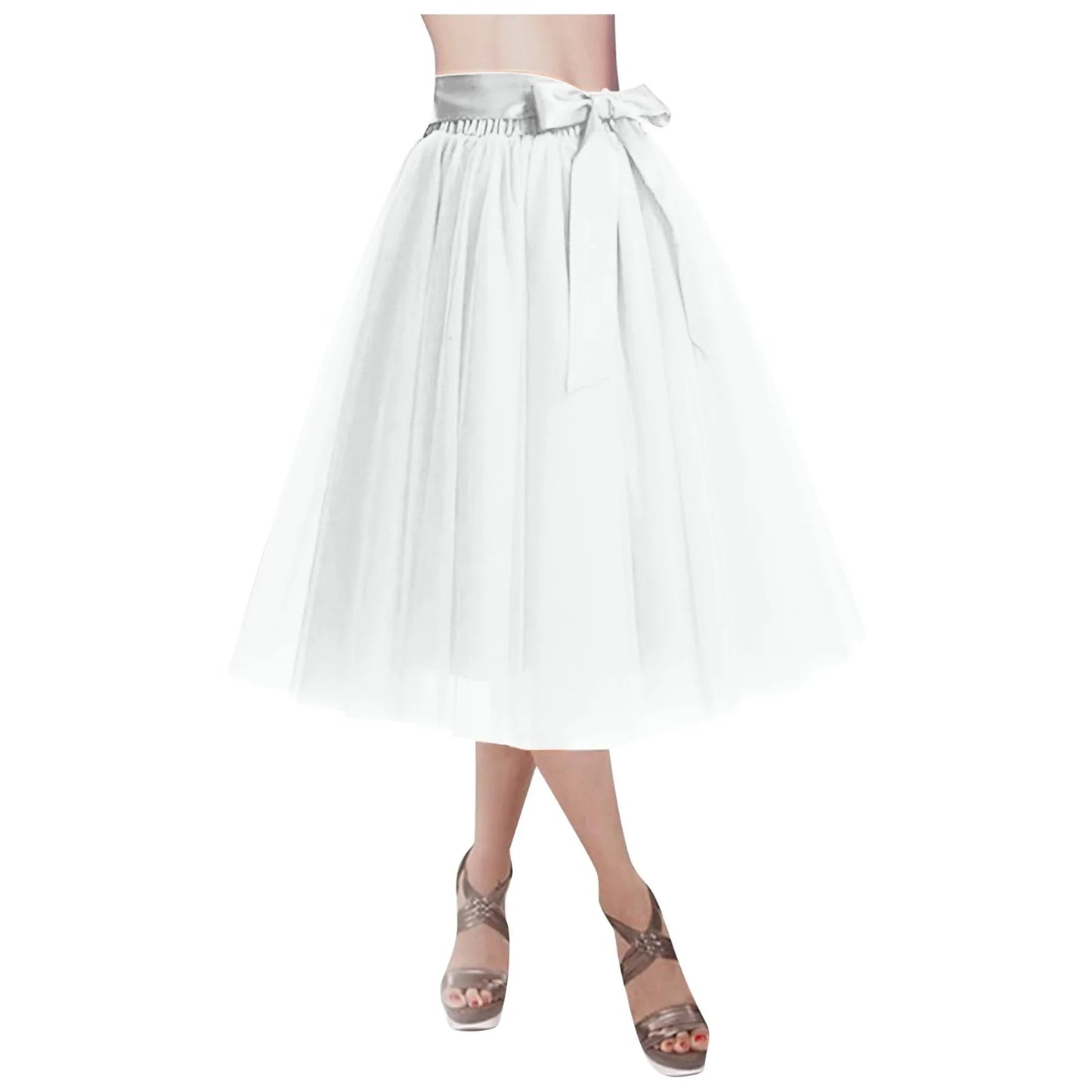 Women's Knee Length Mesh  Skirt Solid Color Elegant Elastic High Waist A-Line Petticoat
