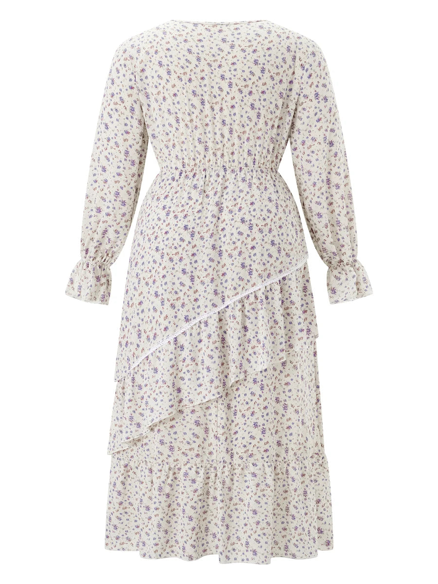Women Plus Size Long Sleeve Dress Elegant O-Neck Belted Maxi Dress with Pockets