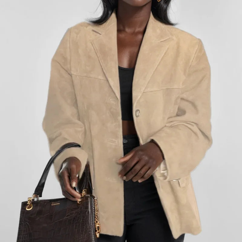 Brown Lapel Pocket Suede Leather Jacket Single Button Long Sleeve