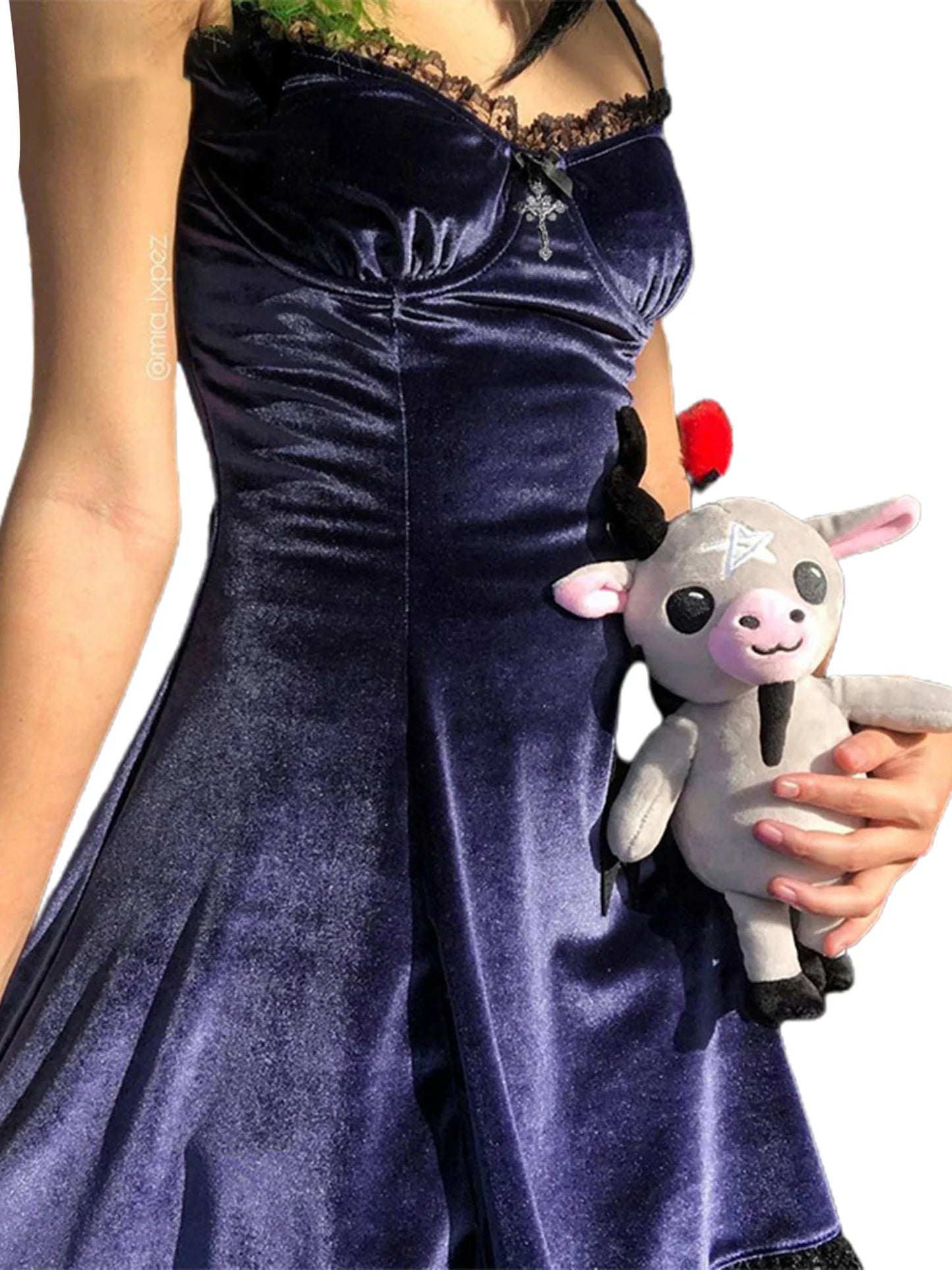 Velvet  Dress with Ruffles and Lace Trim  Spaghetti Strap V-Neck Gown with Bow Detail