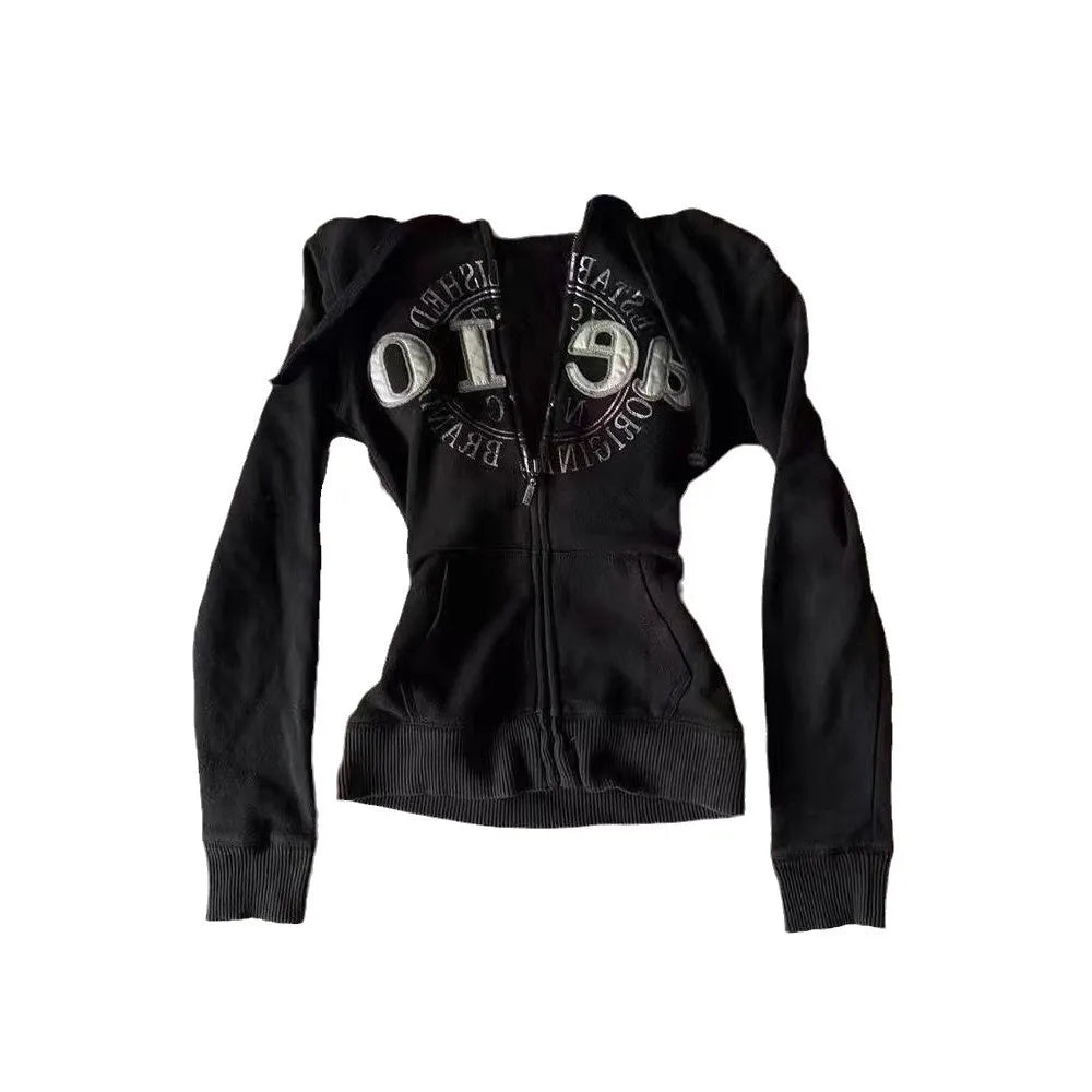 Retro Jacket Retro Design Black Hoodie Women's Casual Hoodie Multifunctional Sweatshirt