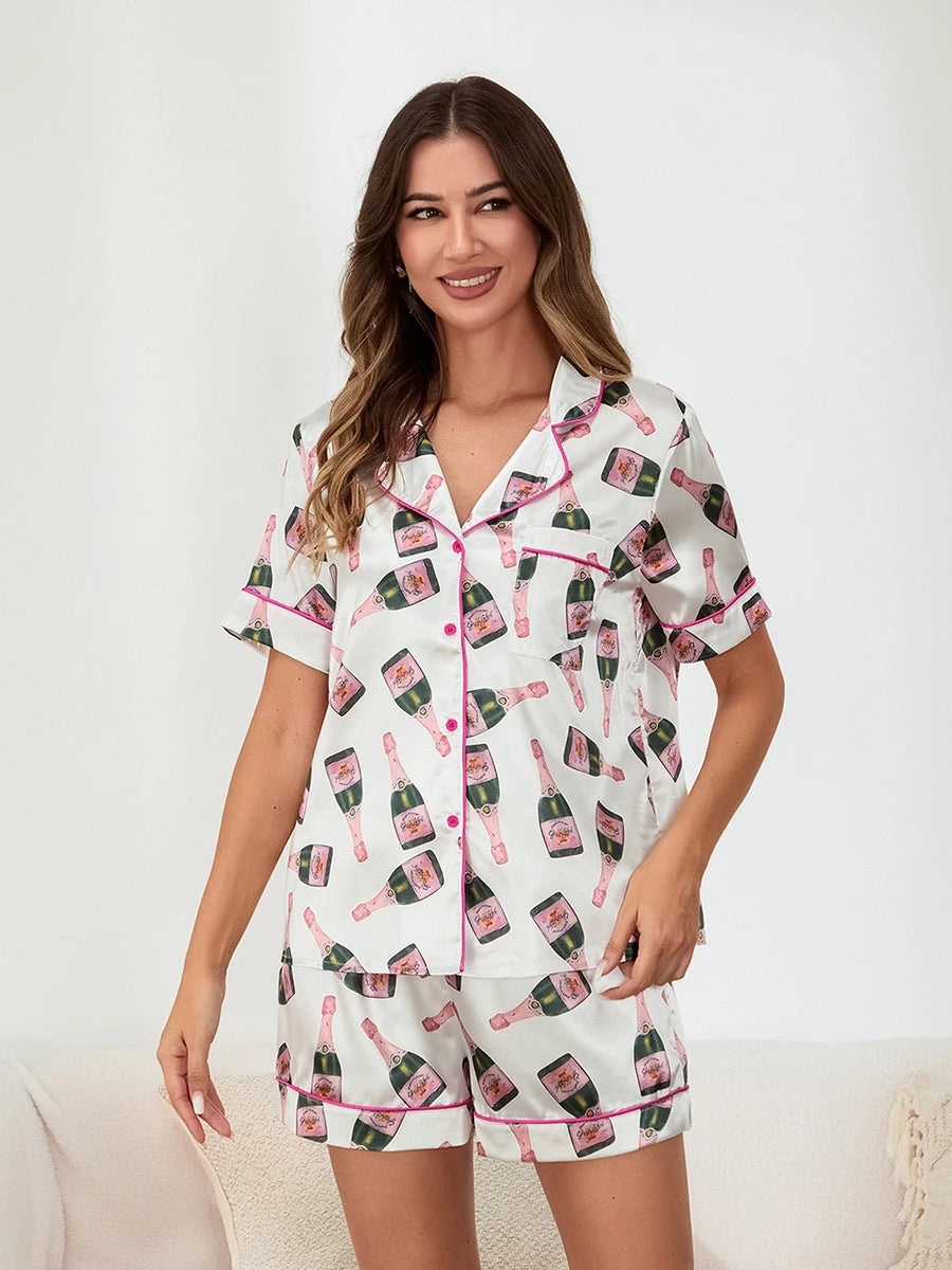 Women s 2 Piece Pajama Set V-Neck Short Sleeve Button Down Tops Drawstring Waist Shorts Sleepwear