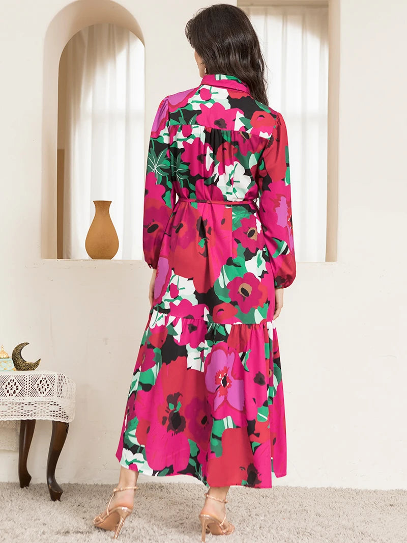 Pointed Collar Long Sleeve Button Belted Floral Print Maxi Dress in Rose Pink