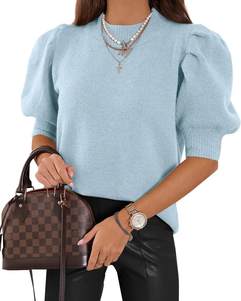 Women's Puff Short Sleeve Sweater Knitted Pullover Trendy Solid Crew Neck Casual Crop Tops Sweater
